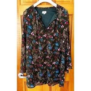 Everly Womens Floral Mini Dress Sz M Green Short Long Sleeve Lined Fall Autumn